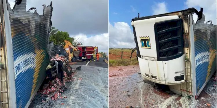 Carreta com leite condensado pega fogo e carga deixa GO-210 escorregadia em Caldas Novas
